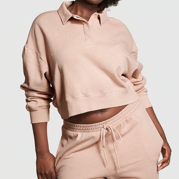 NWT PINK Victoria's Secret Ivy Fleece Polo Sweatshirt, Wanna Be Pink, X-Large - Picture 3 of 3